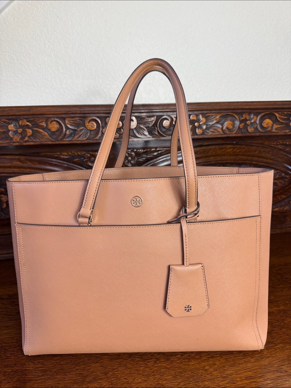 Tory Burch Peach Leather Tote with Front Pocket